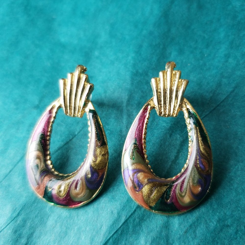 2/15$ Vintage made in USA Stud Earrings Multicolor Enamel Swirl Teardrop
